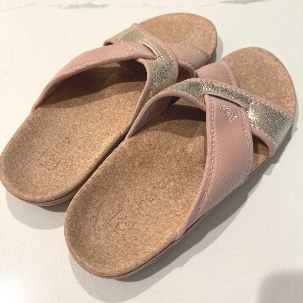Spenco Womens Orthotic Slide Sandals Blush‎ Pink Gold Metallic Strappy Size 10